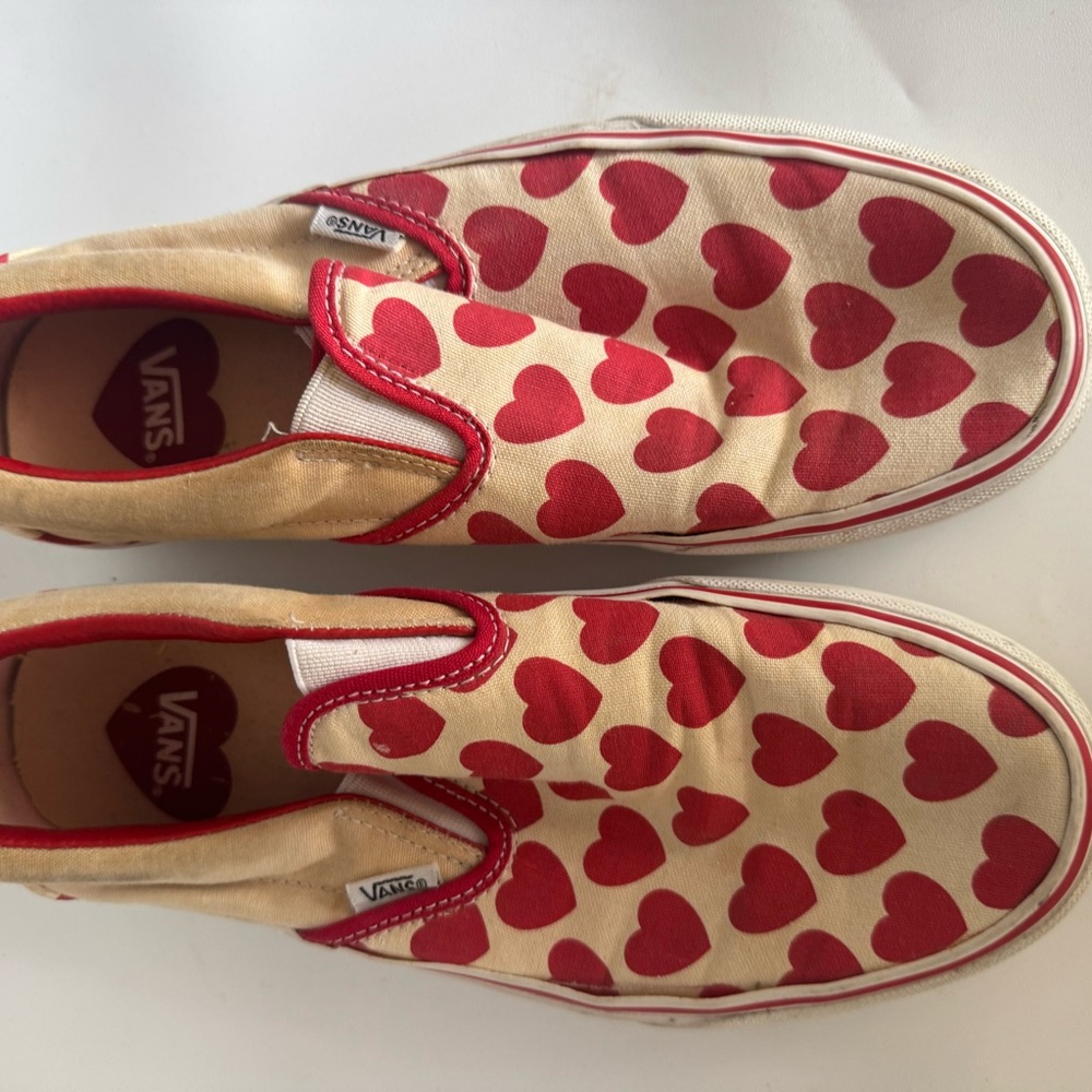 Vans Red and Cream Heart Print Slip-On Sneakers